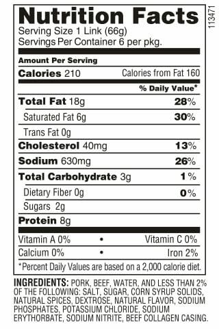 Nutrition Label - Smoked Brat