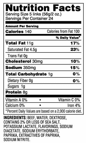 Nutrition Label - Beef Lil Smokies