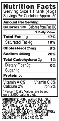 Nutrition Label - Red Franks