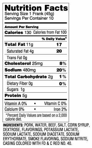Nutrition Label - 10/1 Franks