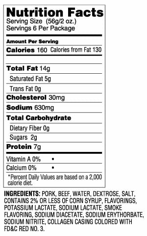 Nutrition Label - Ring Bologna