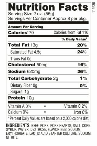 Nutrition Label - Original Tangy Summer Sausage
