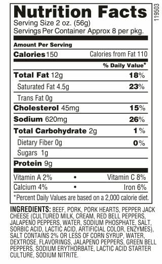 Nutrition Label - Pepper Jack Summer Sausage