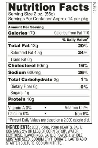 Nutrition Label - Garlic Tangy Summer Sausage