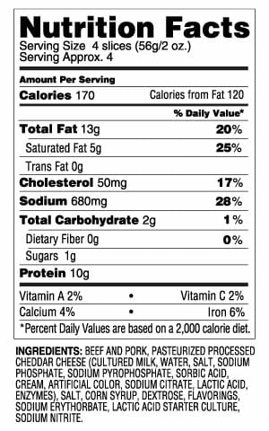 Nutrition Label - Sliced Cheddar Tangy Summer Sausage