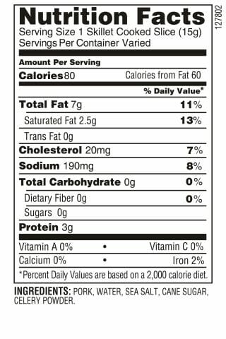 Nutrition Label - Uncured Bacon