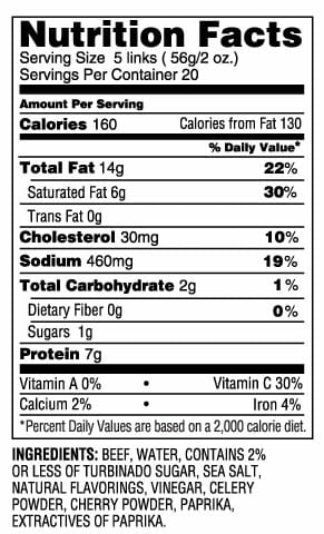 Nutrition Label - Uncured Beed Lil Smokies