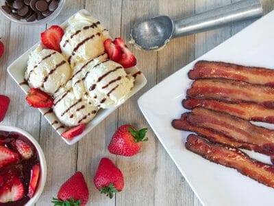 Strawberry Sundae with Candied Chipotle Garlic Bacon