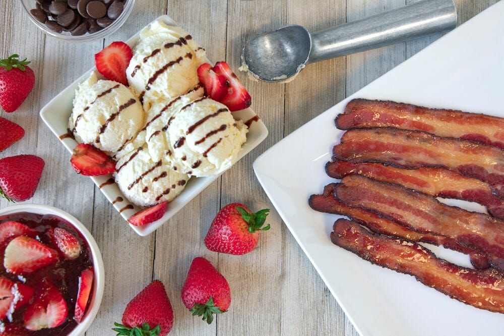 Strawberry Sundae with Candied Chipotle Garlic Bacon